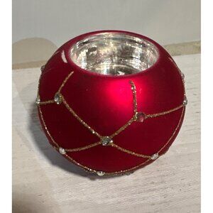 Red Glass Tealight Holder With Gold & Silver Glitter Accents 2.75"